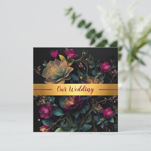 Fuchsia en Blue Spring Garden bruiloft uitnodiging (Staand voorkant)