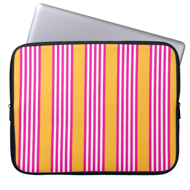 Fuchsia en geel vijf strepen patroon laptop sleeve (Voorkant)