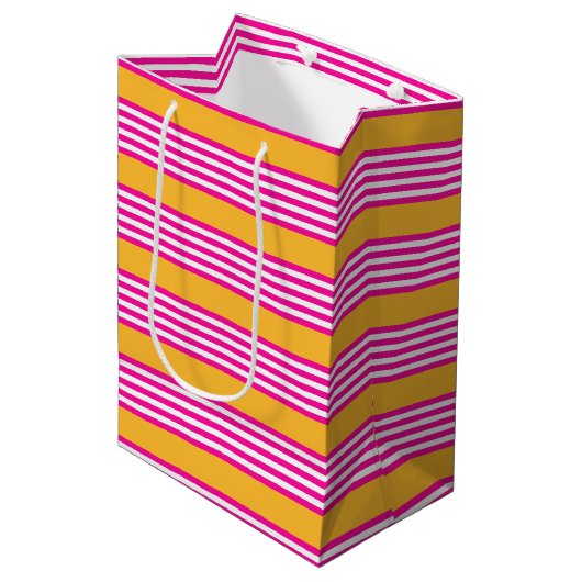Fuchsia en geel vijf strepen patroon medium cadeauzakje (Voorkant Gekanteld)