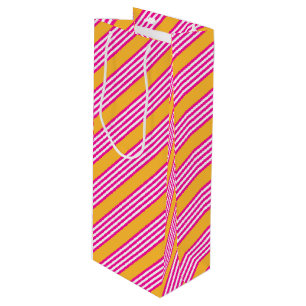 Fuchsia en geel vijf strepen patroon wijn cadeautas
