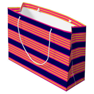 Fuchsia en gele strepen met blauw van de marine groot cadeauzakje