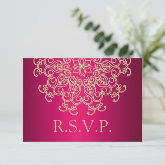 FUCHSIA EN GOUDEN INDIASE RESPONS RSVP-KAART RSVP KAARTJE (Staand voorkant)