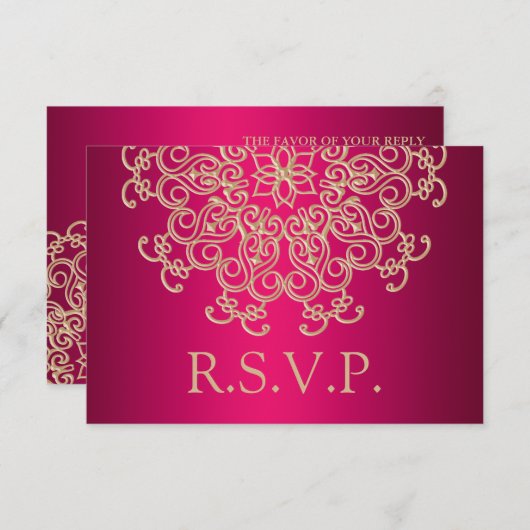 FUCHSIA EN GOUDEN INDIASE RESPONS RSVP-KAART RSVP KAARTJE (Voorkant / Achterkant)