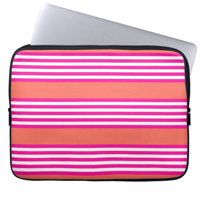 Fuchsia en levend koraal vijf strepen patroon laptop sleeve (Voorkant)