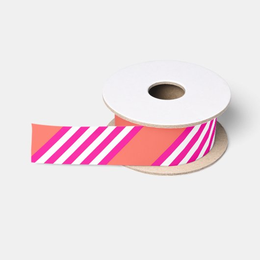 Fuchsia en levend koraal vijf strepen patroon satijnen lint (Spoel)