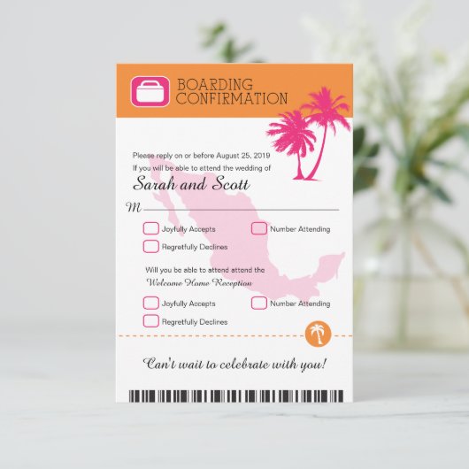 Fuchsia en Oranje Palm Boom Mexico Bevestigen RSVP Kaartje (Staand voorkant)
