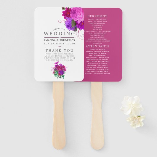 Fuchsia en Paars Shabby Wedding Programme Handwaaier (Voorkant en achterkant)