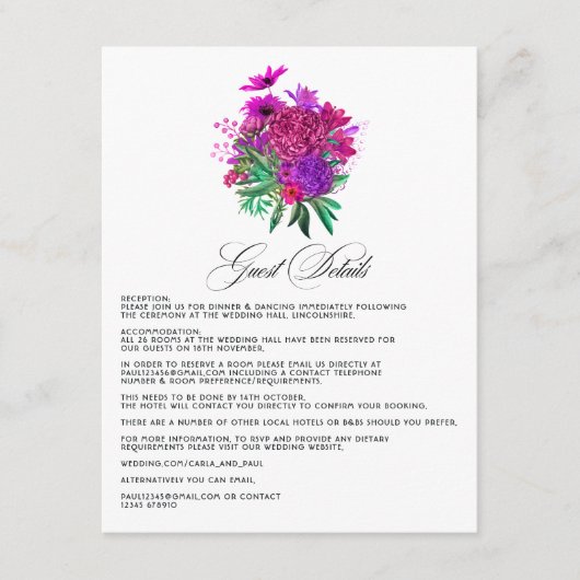  Fuchsia en Paarse bruiloft — Gegevens Informatiekaartje (Voorkant)