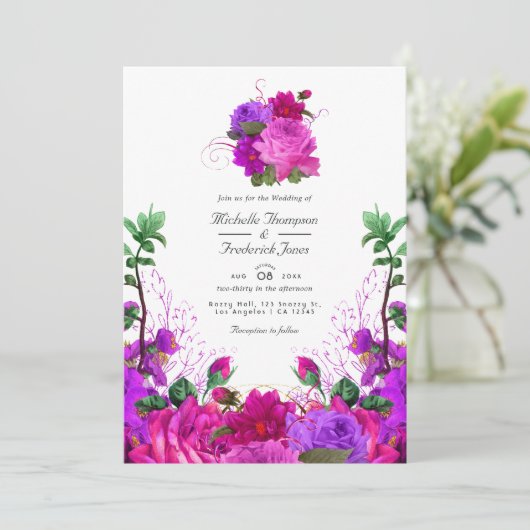  Fuchsia en Paarse Floral QR Code Weddenschap Kaart (Staand voorkant)