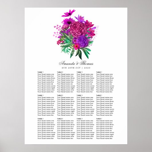 Fuchsia en Paarse Floral Seating Chart Poster (Voorkant)