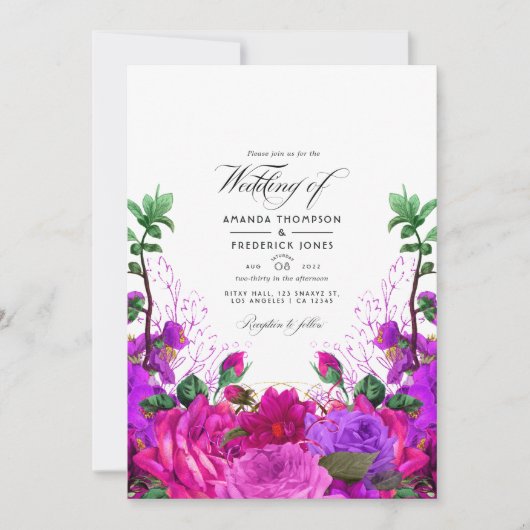  Fuchsia en Paarse Floral Wedding Foto Kaart (Voorkant)