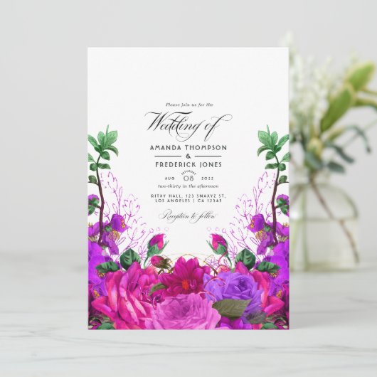  Fuchsia en Paarse Floral Wedding Foto Kaart (Staand voorkant)