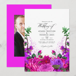  Fuchsia en Paarse Floral Wedding Foto Kaart