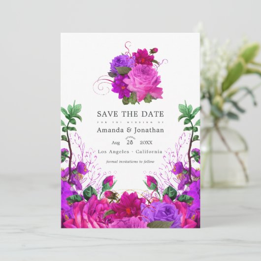  Fuchsia en Paarse Floral Wedding Foto Save The Date (Staand voorkant)