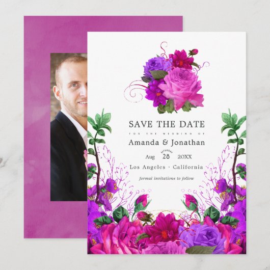 Fuchsia en Paarse Floral Wedding Foto Save The Date (Voorkant / Achterkant)