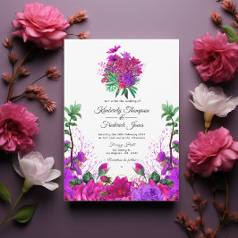  Fuchsia en Paarse Floral Wedding Kaart