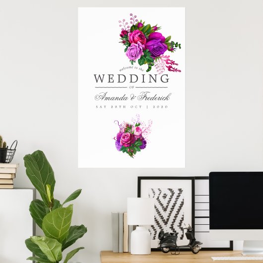  Fuchsia en Paarse Floral Wedding Welkom Poster (Thuiskantoor)