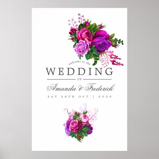  Fuchsia en Paarse Floral Wedding Welkom Poster (Voorkant)