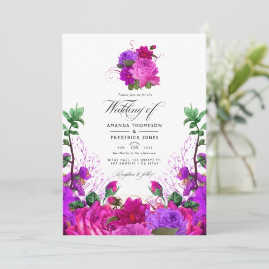  Fuchsia en Paarse Floral Weduwfoto in Kaart (Staand voorkant)