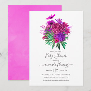 Fuchsia en paarse shabby bloem baby shower kaart