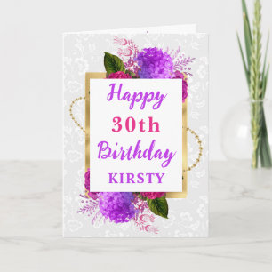 Fuchsia en paarse shabby bloemen verjaardag kaart
