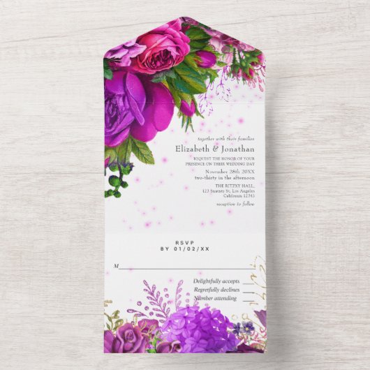 Fuchsia en Paarse Shabby Floral Wedding All In One Uitnodiging (Binnen)