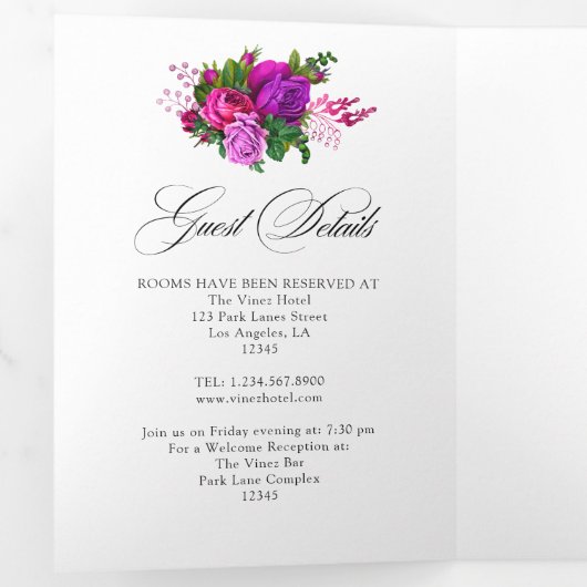  Fuchsia en Paarse Shabby Floral Wedding Drieluik Uitnodiging (Binnenzijde eerst)