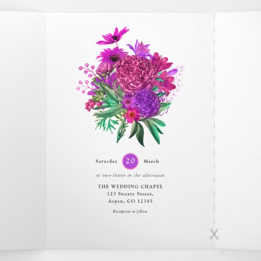  Fuchsia en Paarse Shabby Floral Wedding Drieluik Uitnodiging (Binnenkant midden)