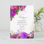  Fuchsia en Paarse Shabby Floral Wedding Kaart (Staand voorkant)
