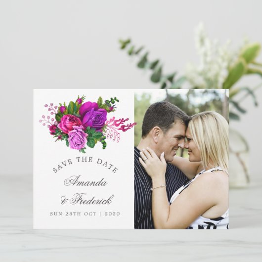 Fuchsia en Paarse Shabby Save the Date (Staand voorkant)
