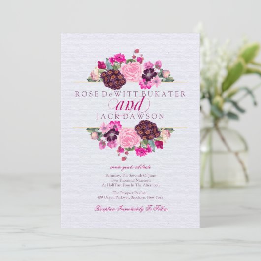 Fuchsia en Plum Bloemen Huwelijksuitnodigingen Kaart (Staand voorkant)