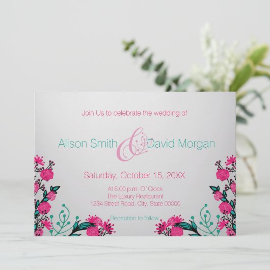 Fuchsia en Turquoise bruiloft uitnodiging (Staand voorkant)