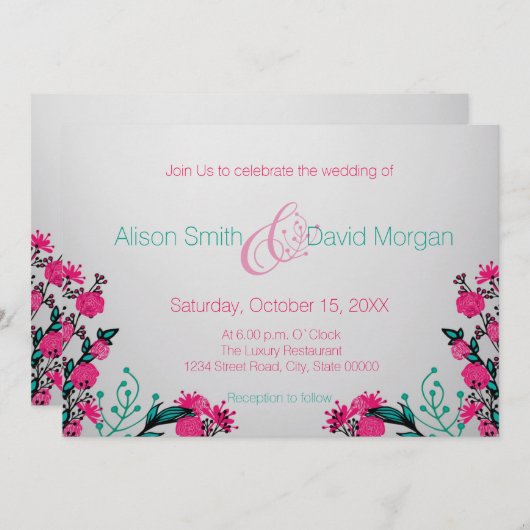 Fuchsia en Turquoise bruiloft uitnodiging (Voorkant / Achterkant)