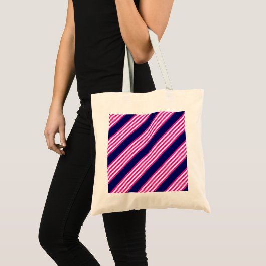Fuchsia en white vijf strepen patroon met blauw tote bag (Voorkant (product))