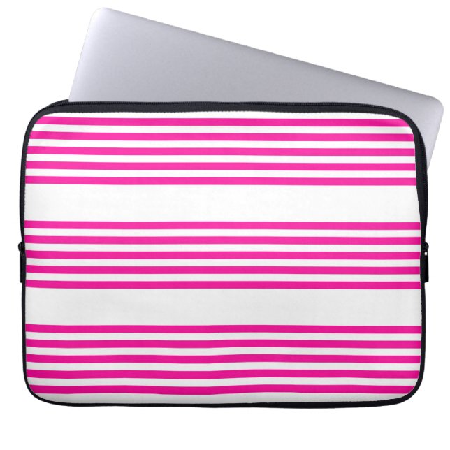 Fuchsia en wit vijf strepen patroon laptop sleeve (Voorkant)