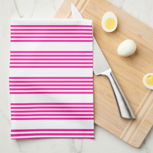 Fuchsia en wit vijf strepen patroon theedoek (Quarter Fold)