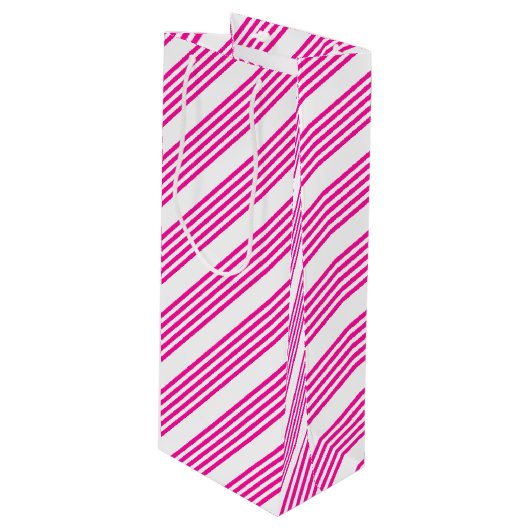 Fuchsia en wit vijf strepen patroon wijn cadeautas (Voorkant Gekanteld)