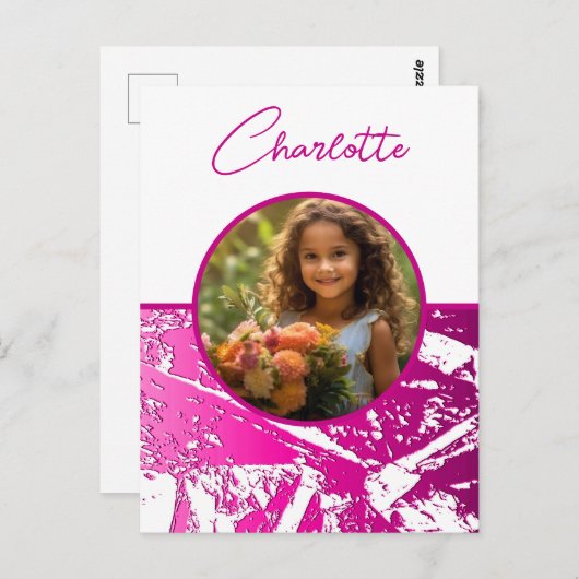 Fuchsia en Witte Aangepaste Foto met Naam Briefkaart (Voorkant / Achterkant)