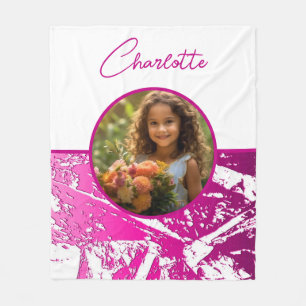 Fuchsia en Witte Aangepaste Foto met Naam Fleece Deken