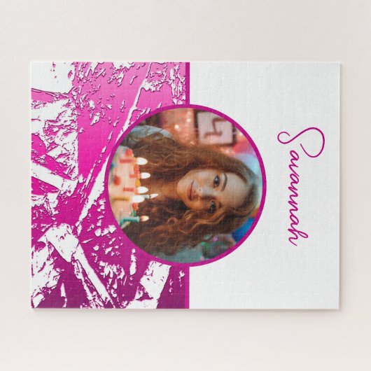 Fuchsia en Witte Aangepaste Foto met Naam Legpuzzel (Horizontaal)