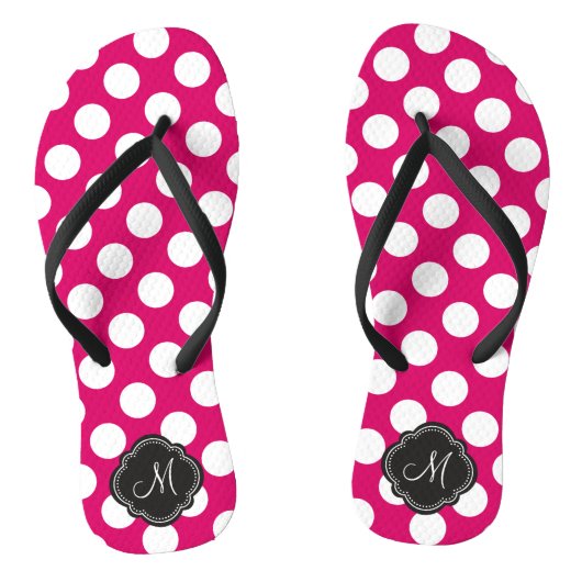 Fuchsia en witte Polka Dots met Monogram Teenslippers (Voetbed)