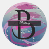 Fuchsia en Zachte Roze Kwaststreek Monogram Ronde Sticker (Voorkant)