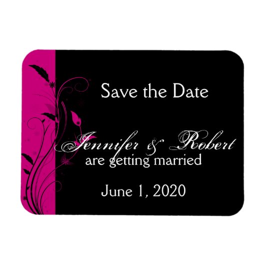 Fuchsia en zwart bloemenbruiloft Save the Date Magneet (Horizontaal)