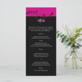 Fuchsia en zwart bloemenfiligraan bruiloft Menu (Staand voorkant)