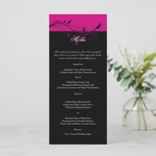 Fuchsia en zwart bloemenfiligraan bruiloft Menu (Staand voorkant)