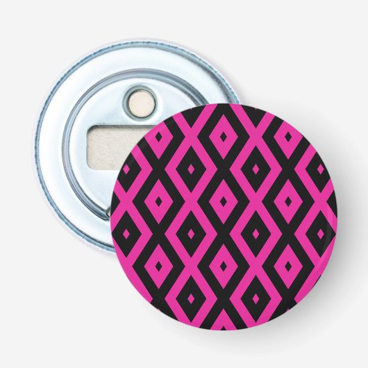 Fuchsia- en zwart diamantpatroon button flesopener (Voorkant)