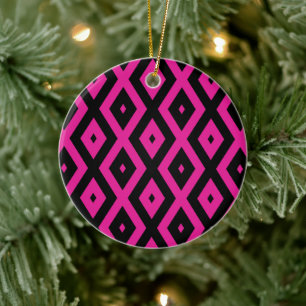 Fuchsia- en zwart diamantpatroon keramisch ornament