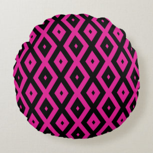Fuchsia- en zwart diamantpatroon rond kussen
