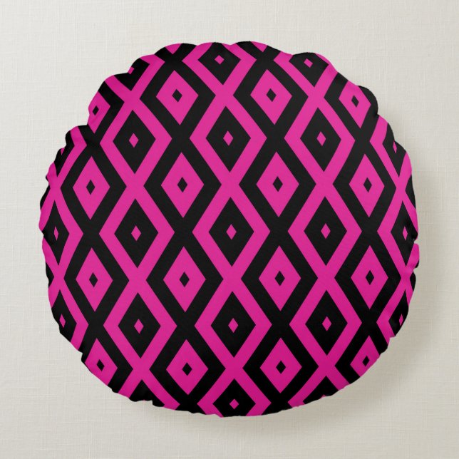 Fuchsia- en zwart diamantpatroon rond kussen (Voorkant)