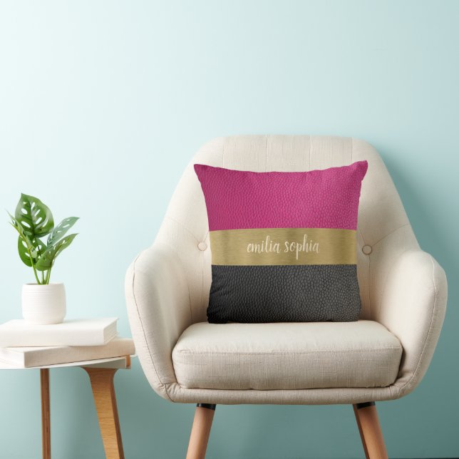 Fuchsia en zwart gepersonaliseerd kussen (Stoel)
